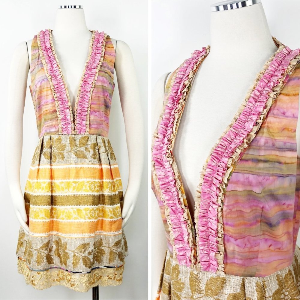 Tracy Feith 3 L Sleeveless Ruffles Pleated V Dress